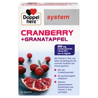 Abbildung der Produktverpackung Doppelherz system CRANBERRY + GRANATAPFEL Frontansicht